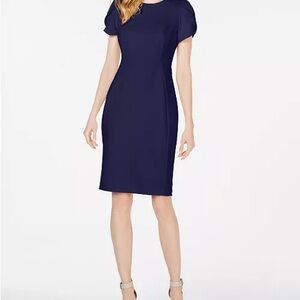 Calvin Klein Navy Tulip Sleeve Sheath Dress | Gold Zip | Size 14